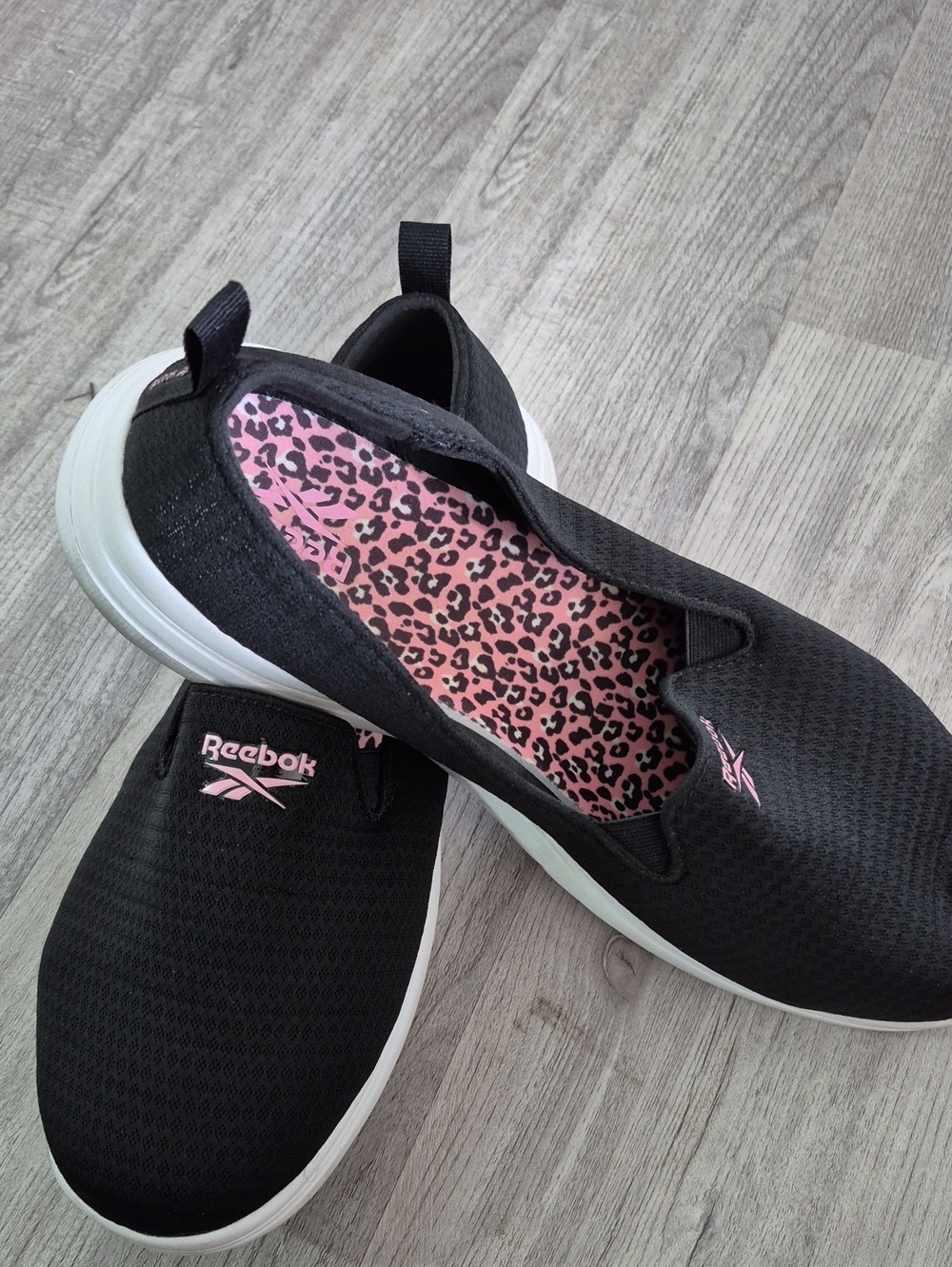 Reebok Women Black Slip-On Sneakers with Pink Leopard Insole